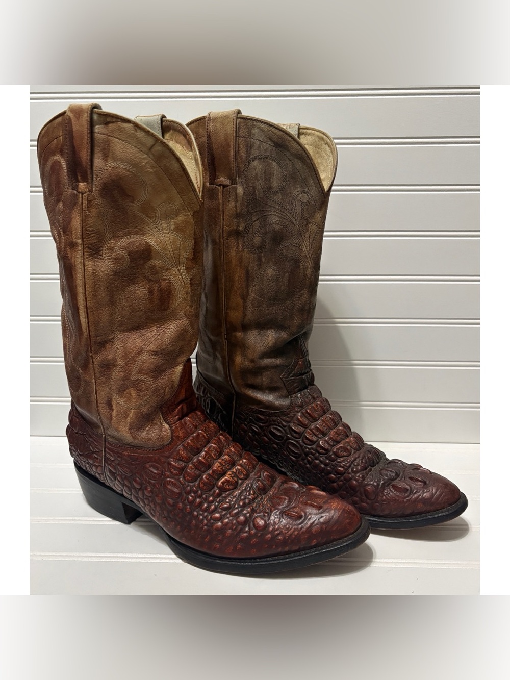 MORAN BOOTS Vintage Exotic Hornback Caimen Marbled Cowboy Boots Mens Size 9
